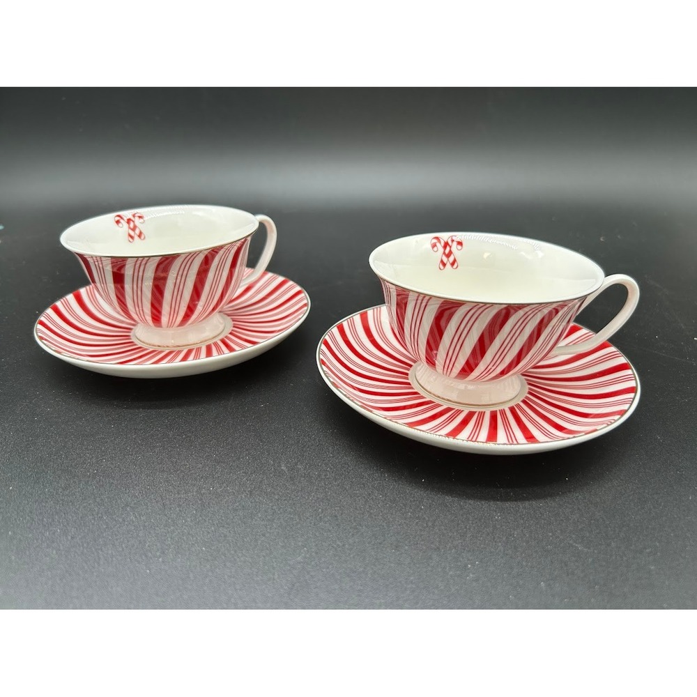 Park Chateau Peppermint Candy Cane Stripe Tea Cup and Saucer Set Red White 2pc